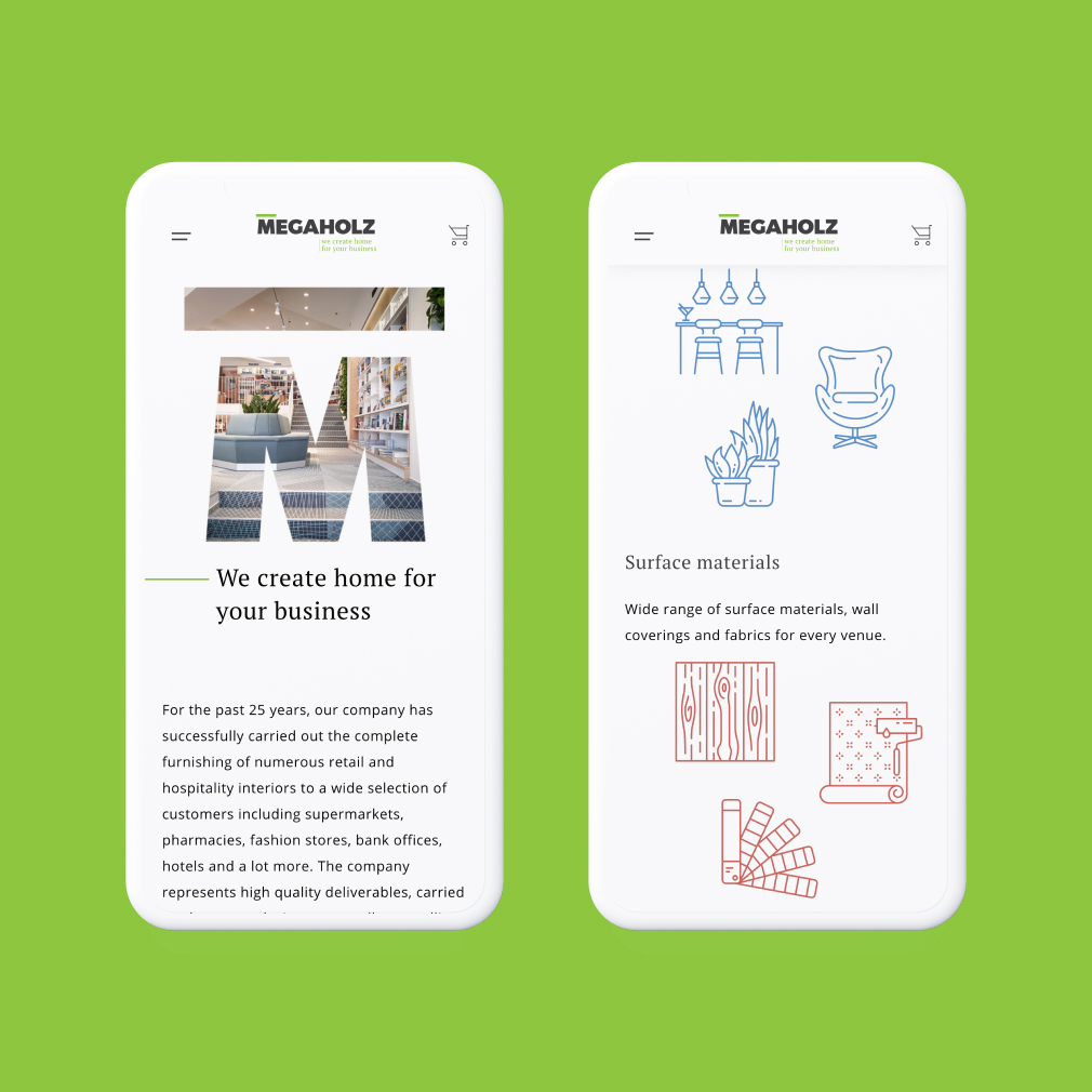 Megaholz responsive homepage and surface materials mobile layouts