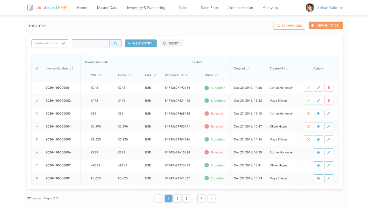 Salesboard ERP invoice management interface
